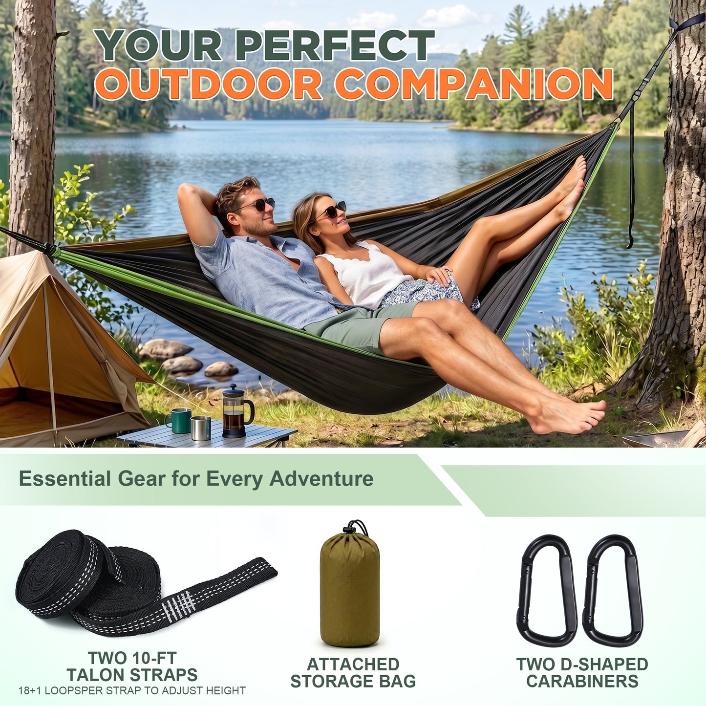 BNISE Double Camping Hammock, 660lbs Portable Nylon Hammock with Two Tree Straps and Carry Bag, Lightweight for Outdoor Camping Hiking Backpacking Travel