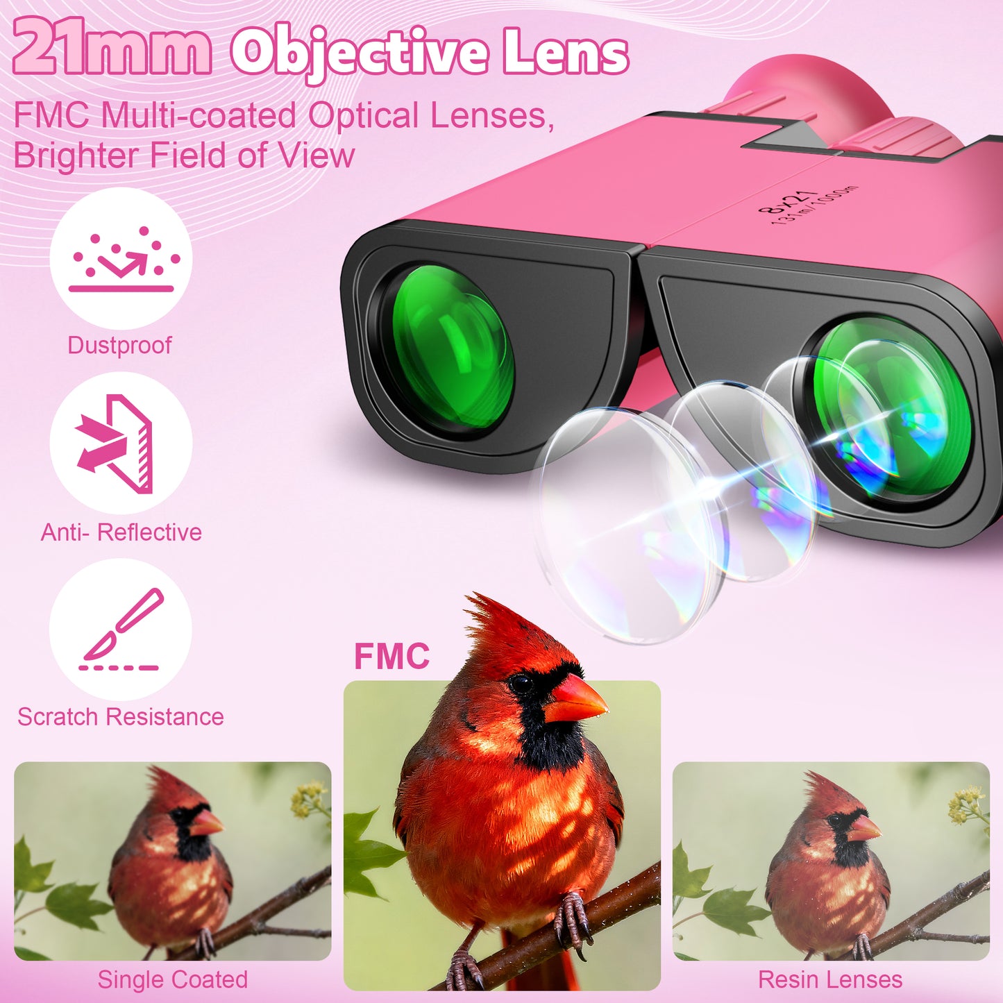 BNISE Kids Binoculars, 8x21 Compact Optics High Resolution BAK4 Prism FMC Lens, Shockproof Outdoor Bird Watching Binoculars for Kids Ages 6-12, Pink