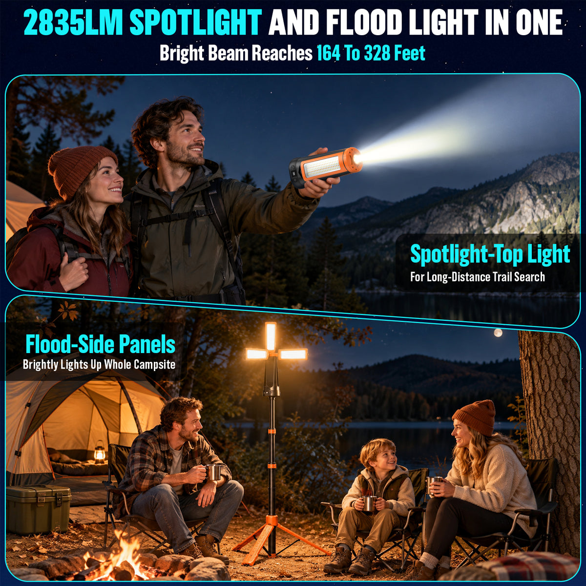 Telescopic Camping Light with 80'' Stand, Solar Rechargeable Work Lantern with 3 Rotatable LED Panels, 7 Light Modes, Magnetic Base & Hook for Camping, Tent, Emergency, Fishing