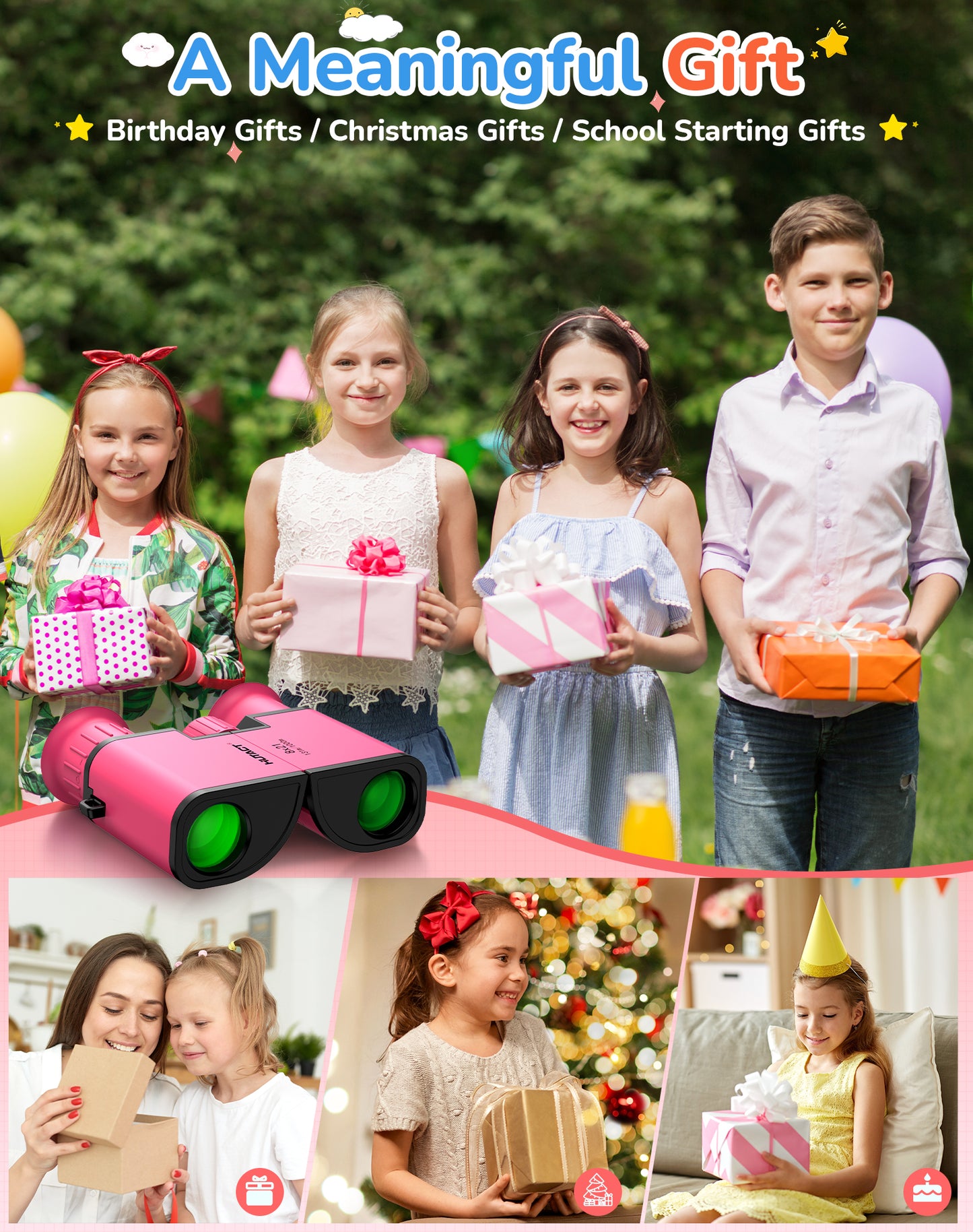 BNISE Kids Binoculars for Ages 6–12, Compact 8x21 Binoculars for Bird Watching and Outdoor Exploration, Small Binoculars with BAK4 Optics, Carry Bag & Neck Strap (Pink)