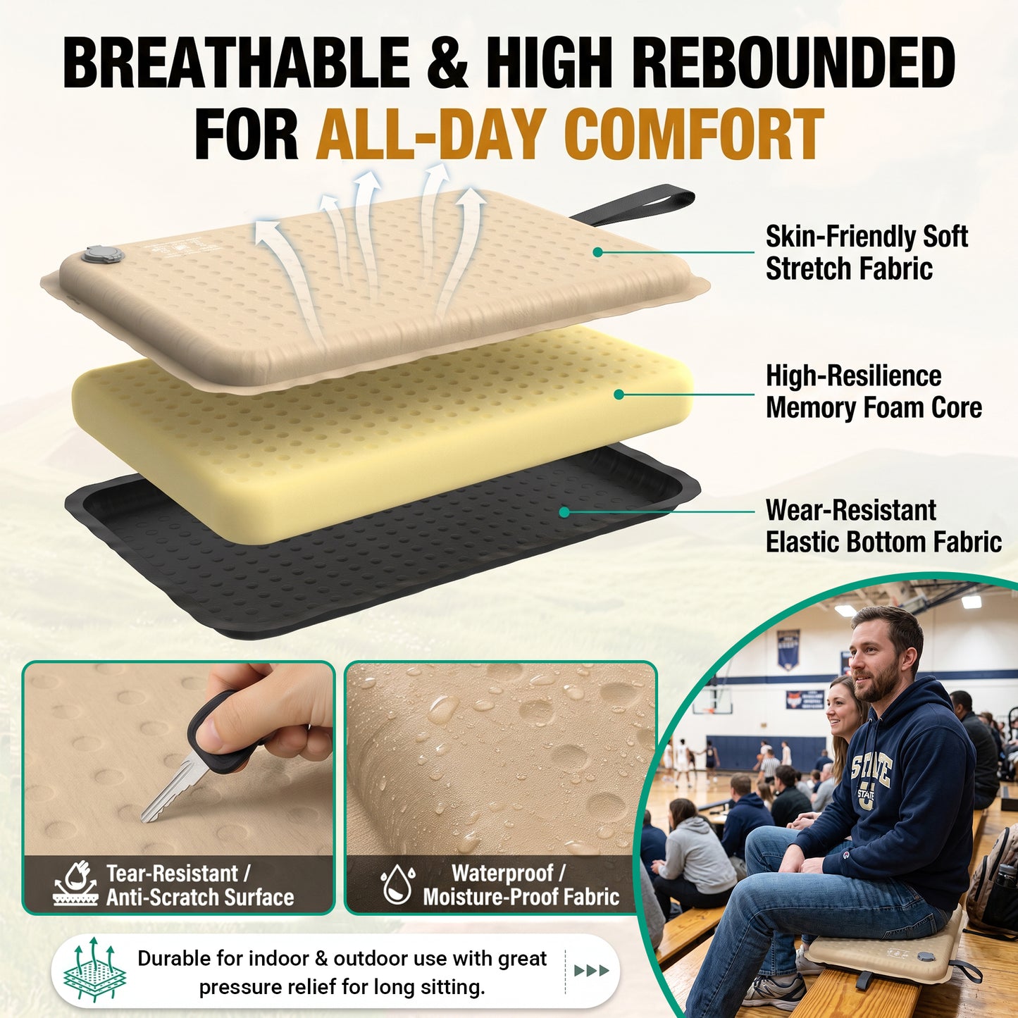 BNISE Inflatable Seat Cushion, 2” Self Inflating Memory Foam Pad with Air Valve, Waterproof Non-Slip Portable Cushion for Camping Airplane Travel Stadium Office