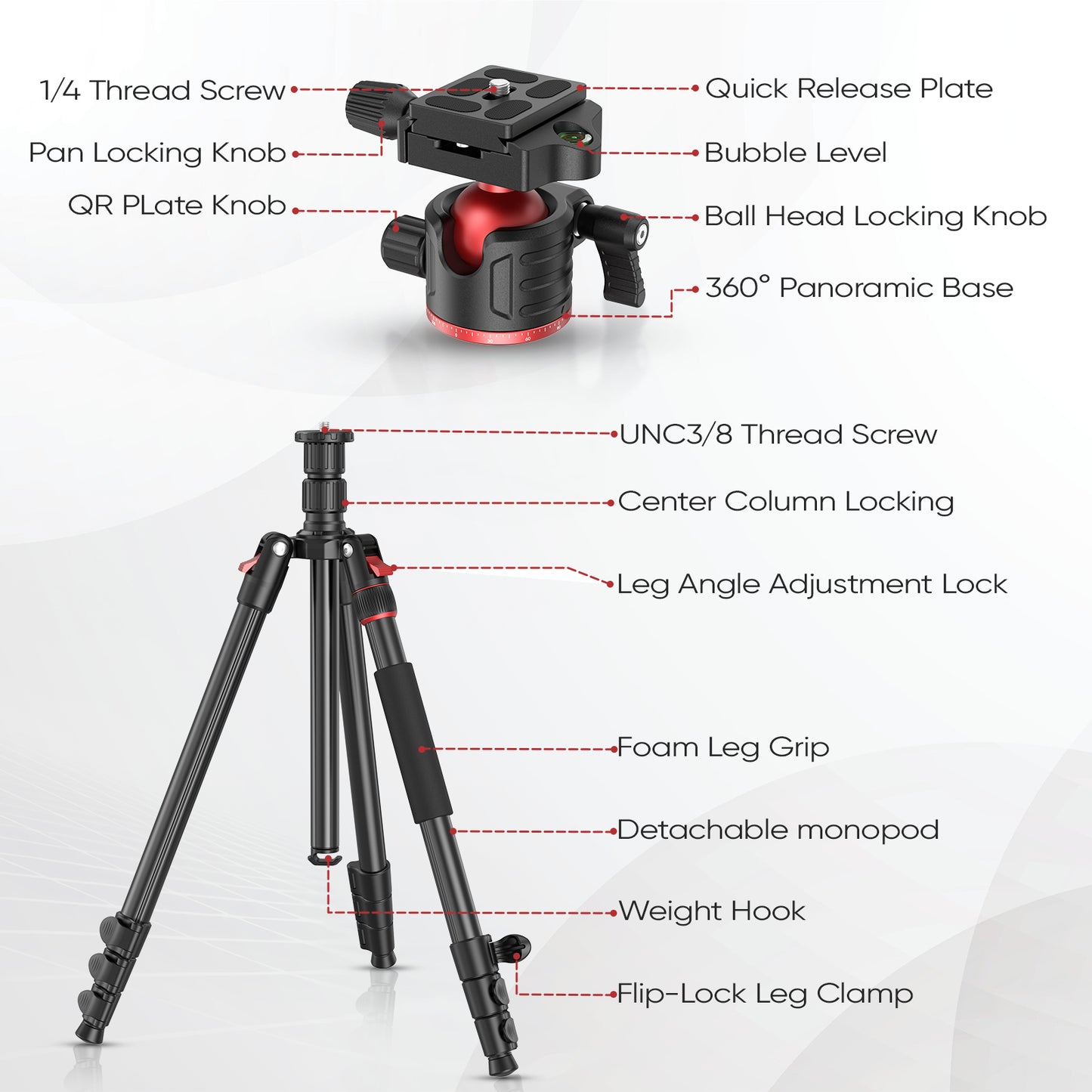 Camera Tripod, Quick-Setup Aluminum DSLR Tripod 67" Monopod-360° Panoramic Metal Ball Head-With Carry Bag,Portable Tripod Phone Adapters,Binoculars Adapters