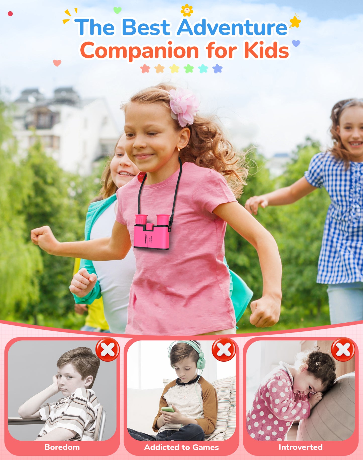 BNISE Kids Binoculars for Ages 6–12, Compact 8x21 Binoculars for Bird Watching and Outdoor Exploration, Small Binoculars with BAK4 Optics, Carry Bag & Neck Strap (Pink)