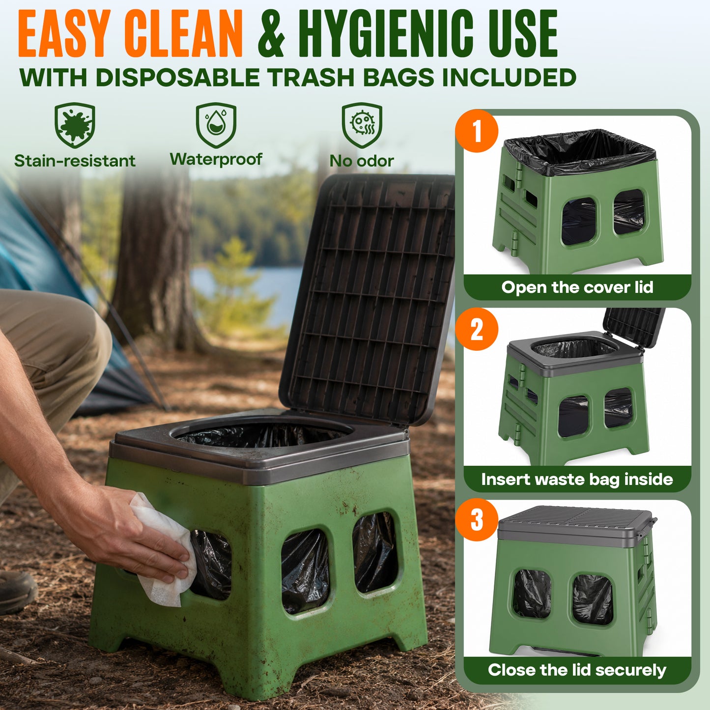 BNISE Portable Camping Toilet with Lid, 330Lbs Folding Toilet with Garbage Bag & Storage Bag, Outdoor Adults Travel Potty for for Camping, RV, Beach, Hiking & Emergency Use