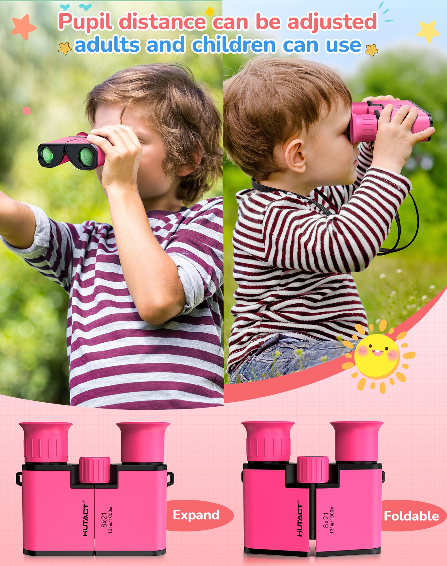BNISE Kids Binoculars for Ages 6–12, Compact 8x21 Binoculars for Bird Watching and Outdoor Exploration, Small Binoculars with BAK4 Optics, Carry Bag & Neck Strap (Pink)