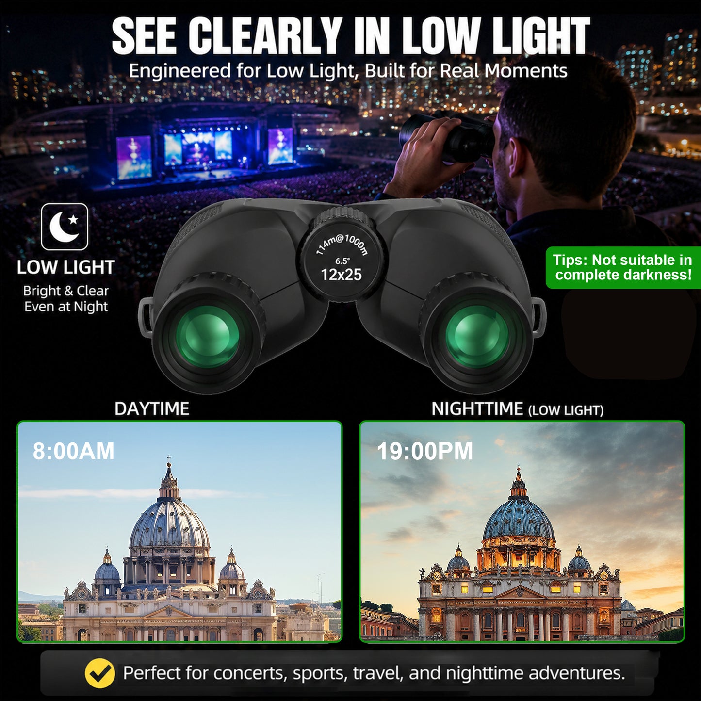 BNISE 12x25 Binoculars for Adults Kids, HD Compact Binoculars with Low Light Vision, BAK4 Prism and FMC Lens, Waterproof for Bird Watching Hunting Camping Travel