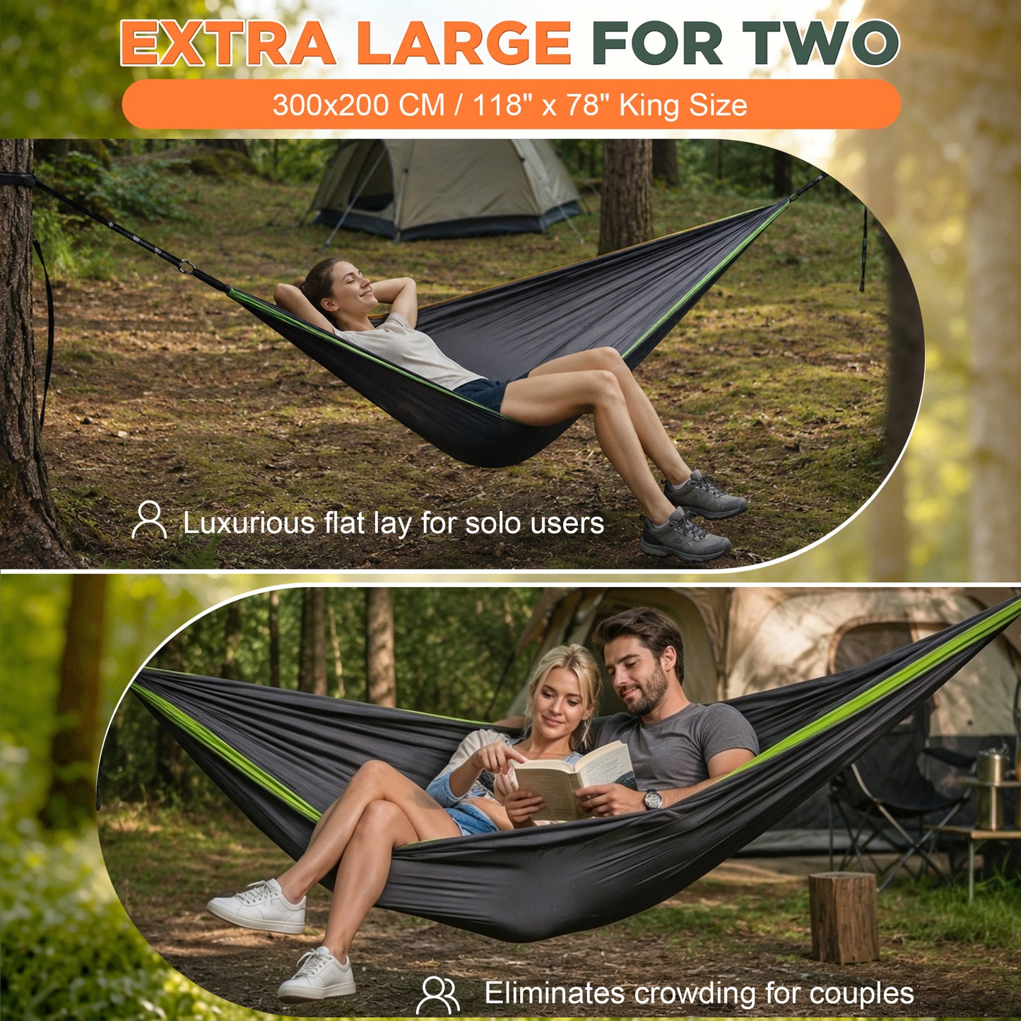 BNISE Double Camping Hammock, 660lbs Portable Nylon Hammock with Two Tree Straps and Carry Bag, Lightweight for Outdoor Camping Hiking Backpacking Travel