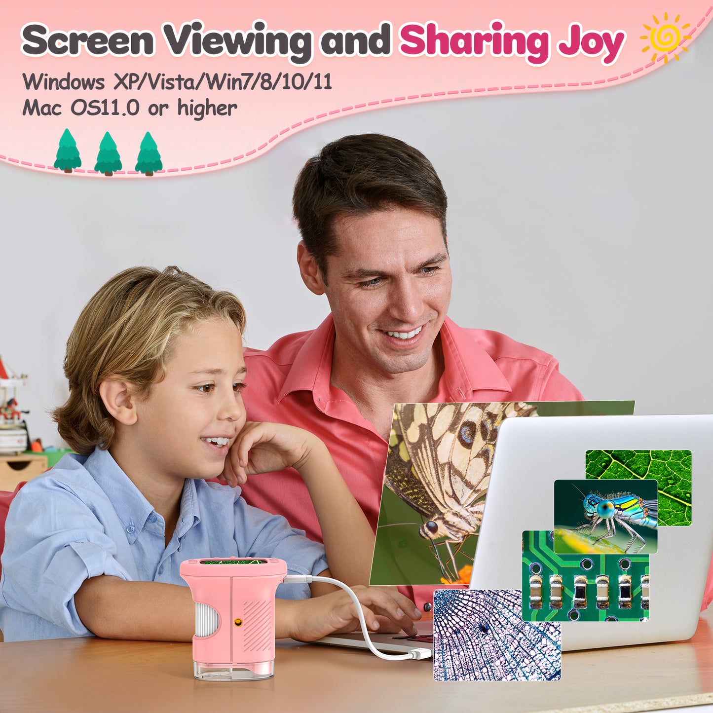 Handheld Microscope for Kids with 2.4" Large Screen, STEM Science Toy Digital Microscope for Boys and Girls Edu Science Kit Gift for Kids-Pink