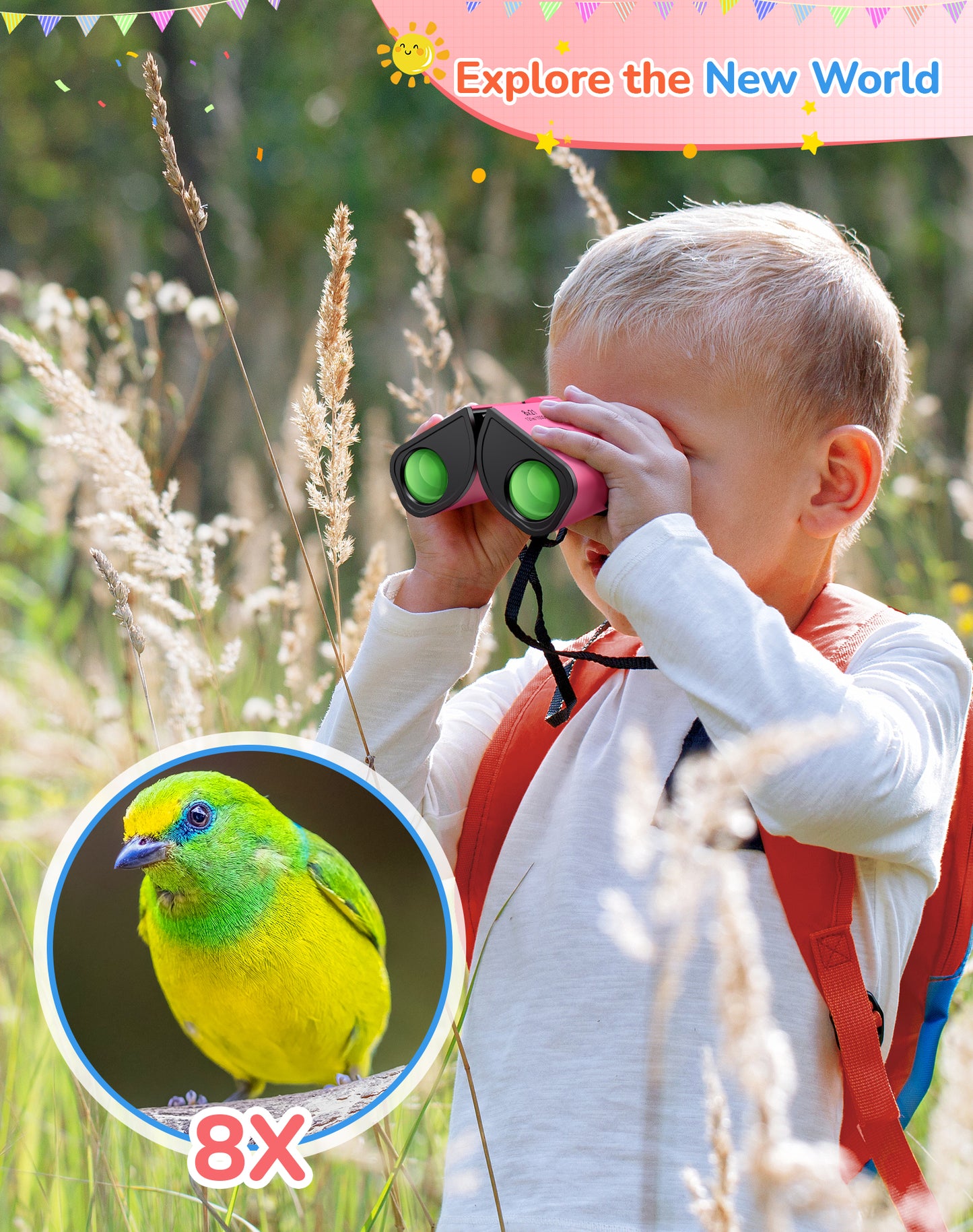 BNISE Kids Binoculars for Ages 6–12, Compact 8x21 Binoculars for Bird Watching and Outdoor Exploration, Small Binoculars with BAK4 Optics, Carry Bag & Neck Strap (Pink)