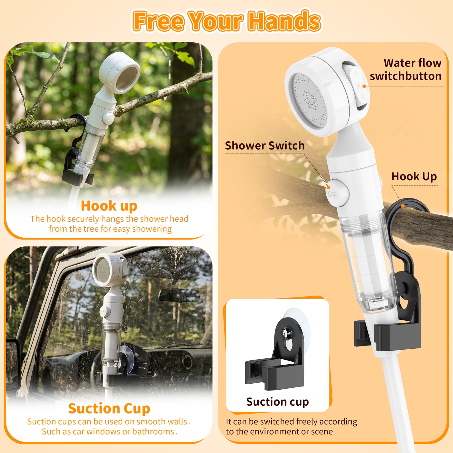 BNISE Portable Camping Shower, 6000mAh Rechargeable Shower Pump with Intelligent LED Display, 3 Spray Modes IPX7 Waterproof for Hiking Travel Pet Car