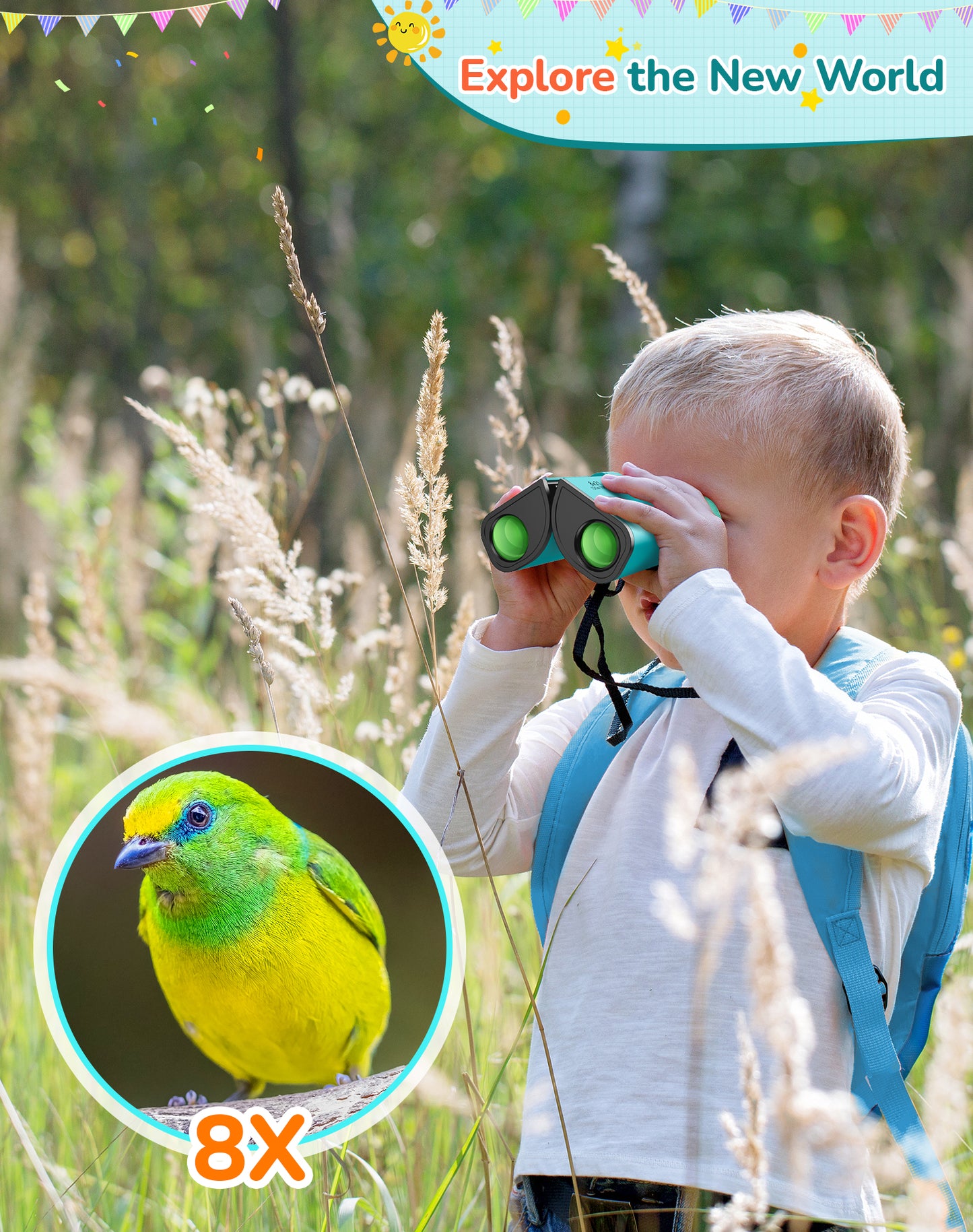 BNISE Kids Binoculars for Ages 6–12, Compact 8x21 Binoculars for Bird Watching and Outdoor Exploration, Small Binoculars with BAK4 Optics, Carry Bag & Neck Strap (Green)