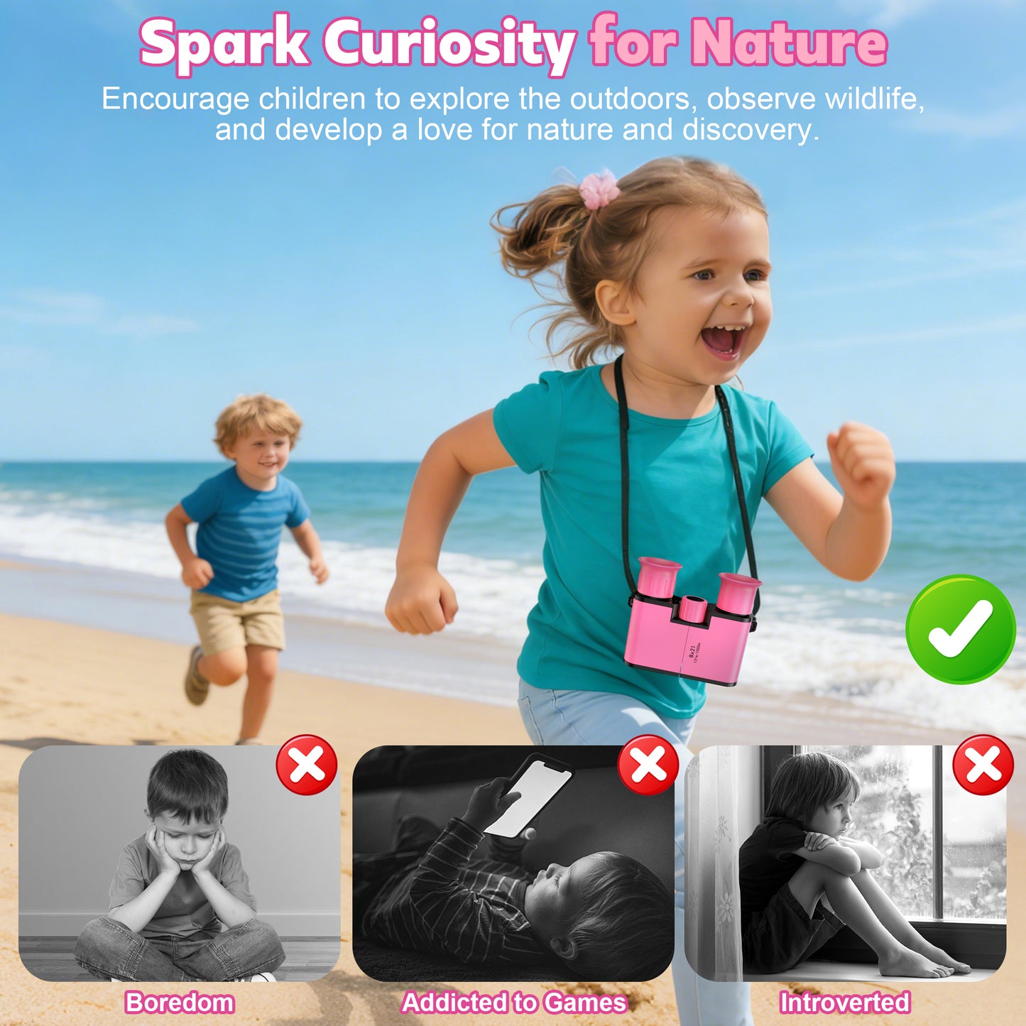 BNISE Kids Binoculars, 8x21 Compact Optics High Resolution BAK4 Prism FMC Lens, Shockproof Outdoor Bird Watching Binoculars for Kids Ages 6-12, Pink