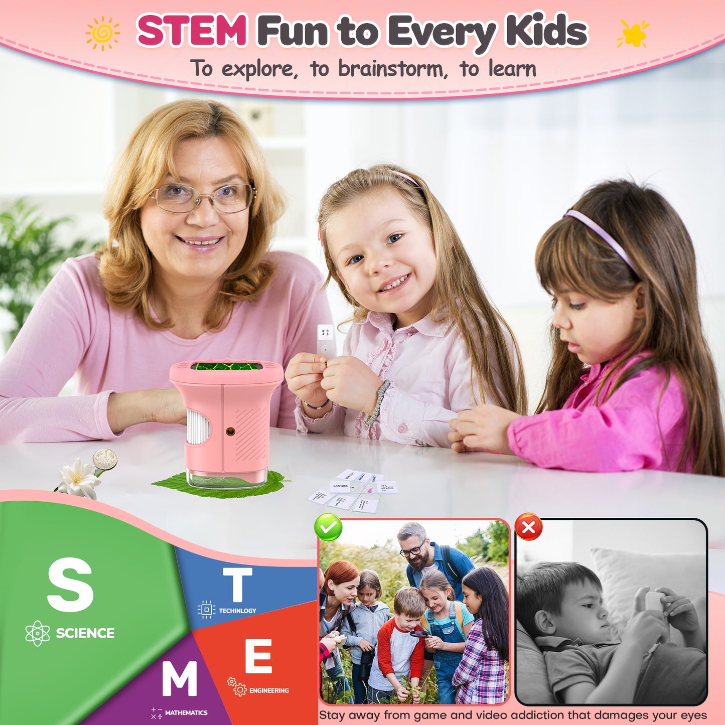 Handheld Microscope for Kids with 2.4" Large Screen, STEM Science Toy Digital Microscope for Boys and Girls Edu Science Kit Gift for Kids-Pink