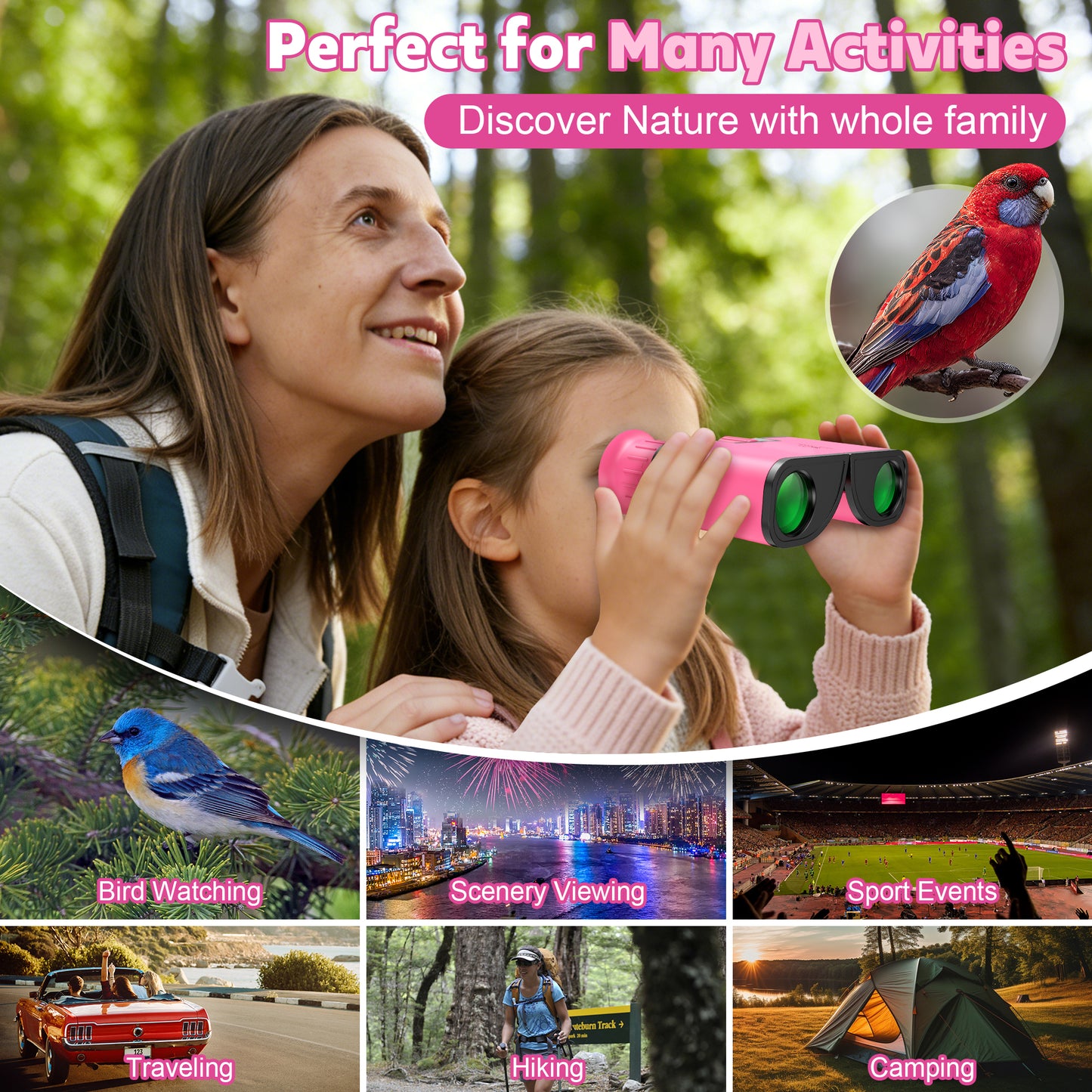 BNISE Kids Binoculars, 8x21 Compact Optics High Resolution BAK4 Prism FMC Lens, Shockproof Outdoor Bird Watching Binoculars for Kids Ages 6-12, Pink