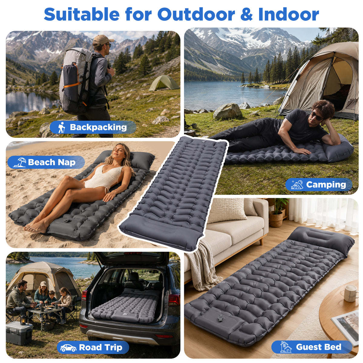 BNISE Sleeping Pad for Camping, 330 lbs Capacity, 27" Extra Wide, Built-in Foot Pump & 5" Pillow, Camping Pad for Hiking, Backpacking & Travel