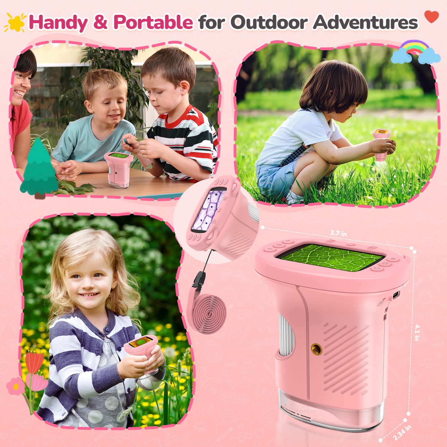 Handheld Microscope for Kids with 2.4" Large Screen, STEM Science Toy Digital Microscope for Boys and Girls Edu Science Kit Gift for Kids-Pink
