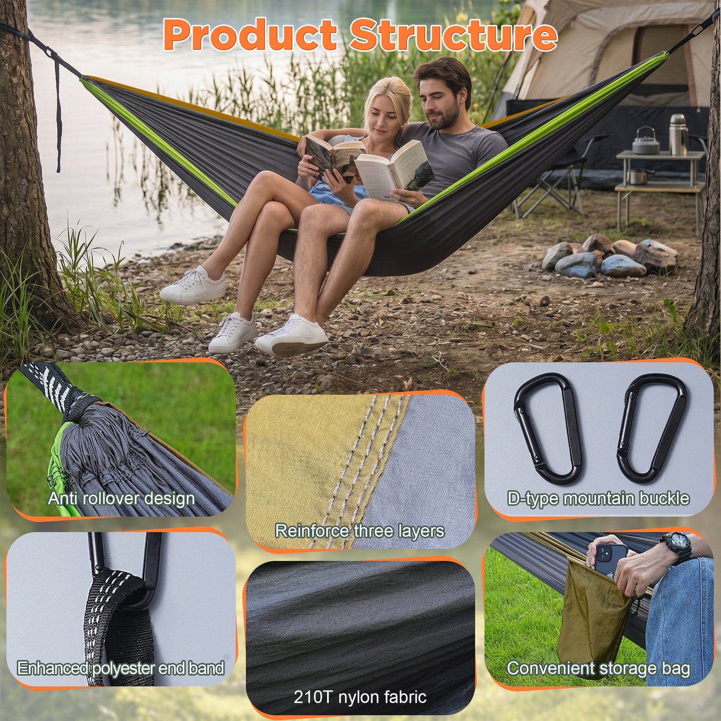 BNISE Double Camping Hammock, 660lbs Portable Nylon Hammock with Two Tree Straps and Carry Bag, Lightweight for Outdoor Camping Hiking Backpacking Travel