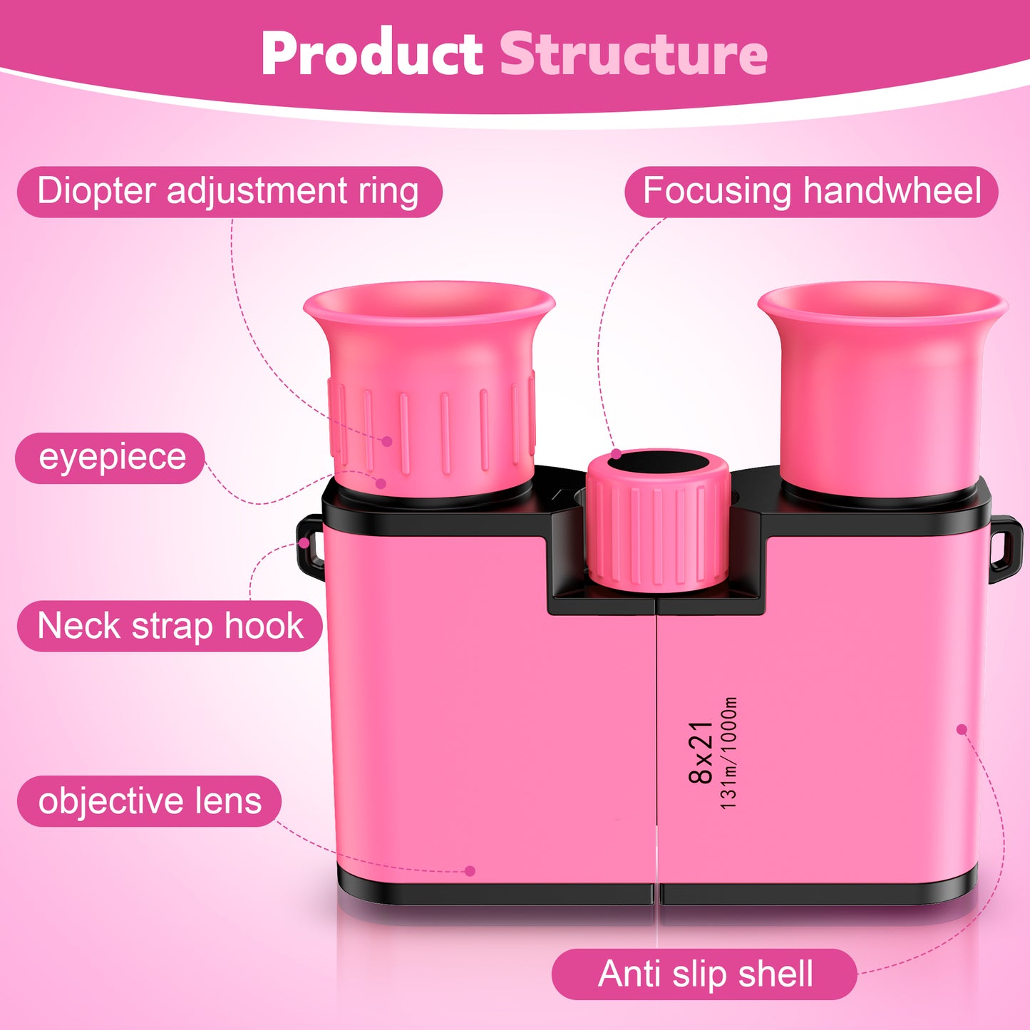 BNISE Kids Binoculars, 8x21 Compact Optics High Resolution BAK4 Prism FMC Lens, Shockproof Outdoor Bird Watching Binoculars for Kids Ages 6-12, Pink
