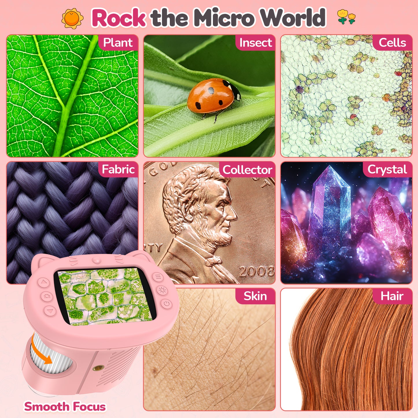 Handheld Microscope for Kids with 2.4" Large Screen, STEM Science Toy Digital Microscope for Boys and Girls Edu Science Kit Gift for Kids-Pink