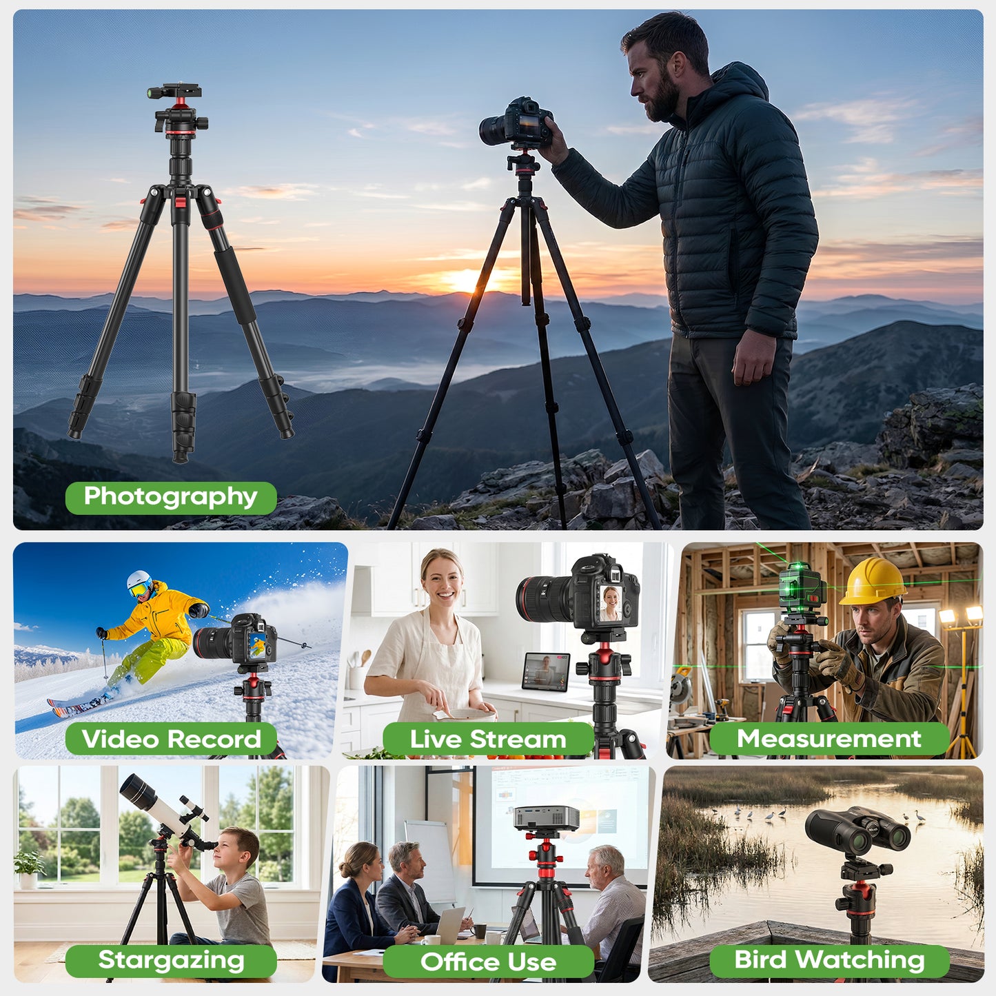 Camera Tripod, Quick-Setup Aluminum DSLR Tripod 67" Monopod-360° Panoramic Metal Ball Head-With Carry Bag,Portable Tripod Phone Adapters,Binoculars Adapters