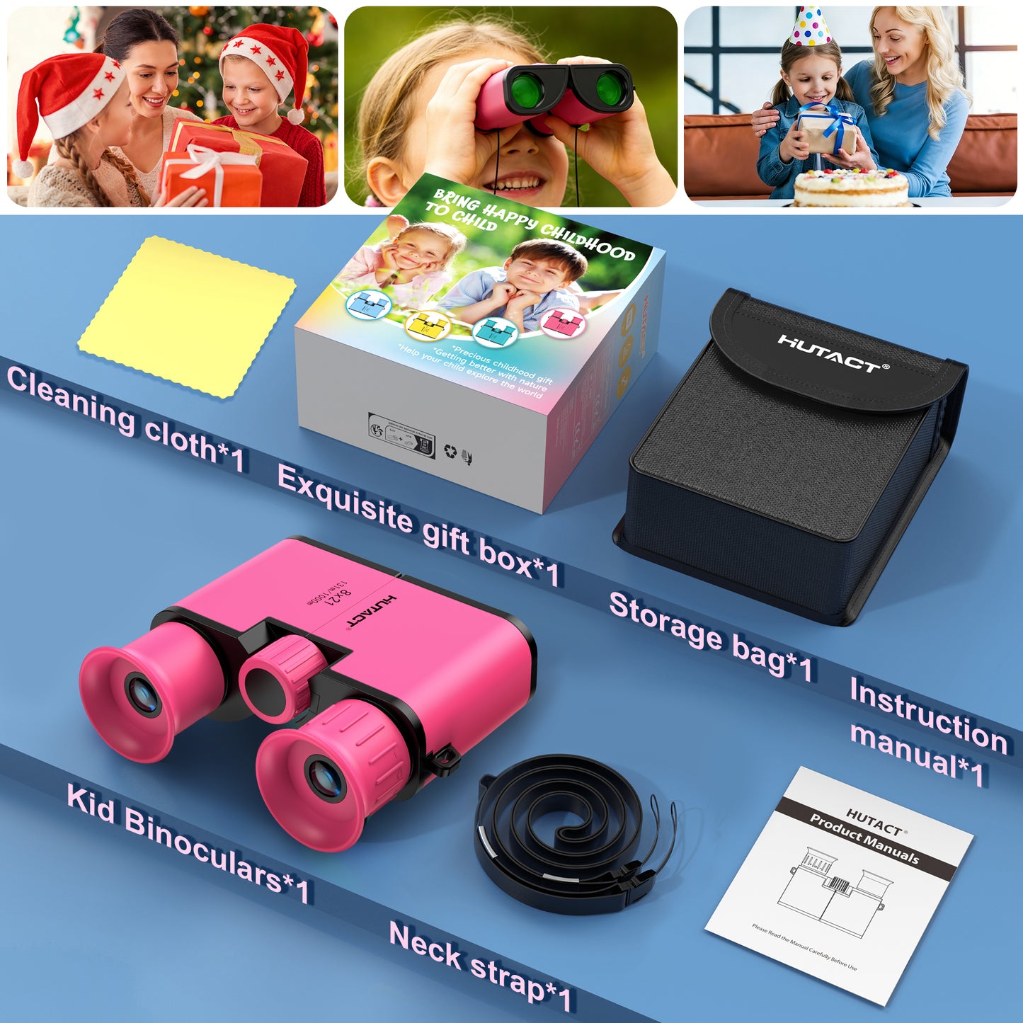 BNISE Kids Binoculars, 8x21 Compact Optics High Resolution BAK4 Prism FMC Lens, Shockproof Outdoor Bird Watching Binoculars for Kids Ages 6-12, Pink