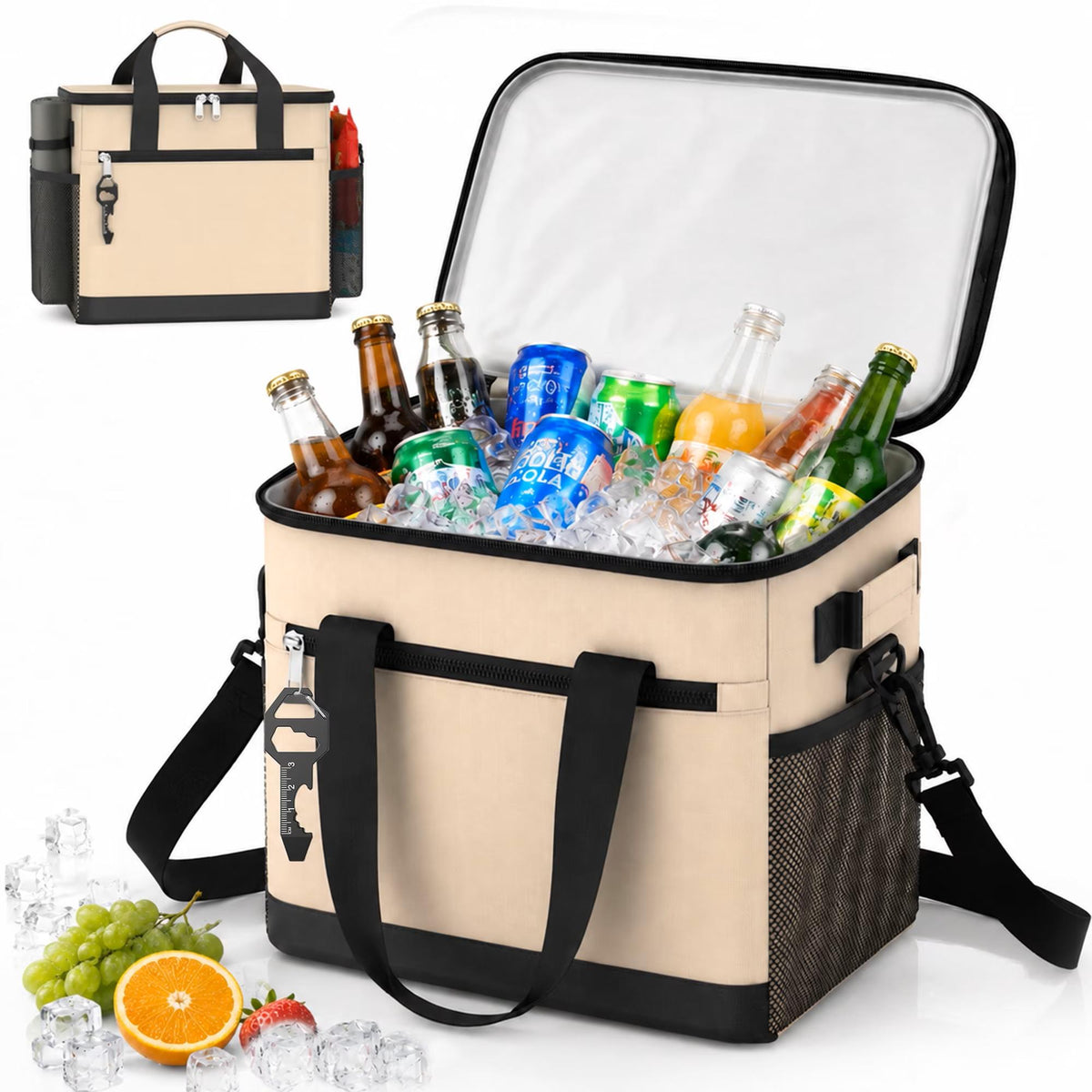 BNISE Insulated Cooler Bag, 24 Can/20L Leakproof Soft Sided Cooler with Shoulder Strap, Foldable Waterproof Tote for Camping Hiking Picnic Beach