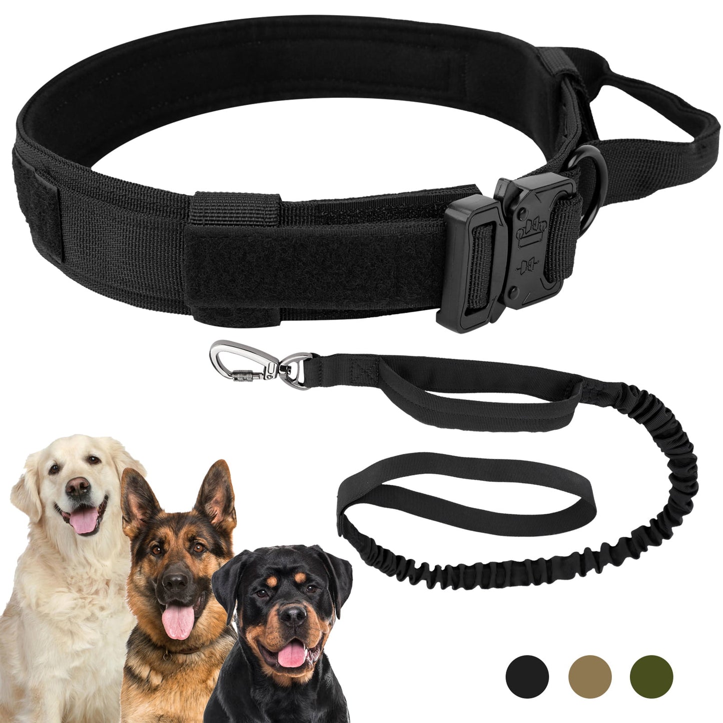 Tactical Dog Collar and Leash Set, Adjustable Military Training Nylon Dog Collar with Handle and Heavy Metal Buckle for Medium and Large Dogs (L, Black-Set)