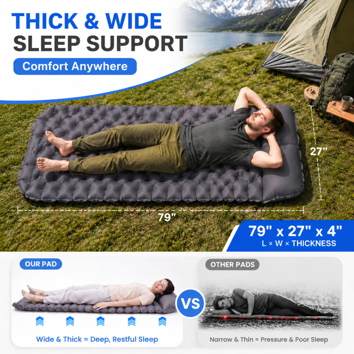 BNISE Sleeping Pad for Camping, 330 lbs Capacity, 27" Extra Wide, Built-in Foot Pump & 5" Pillow, Camping Pad for Hiking, Backpacking & Travel