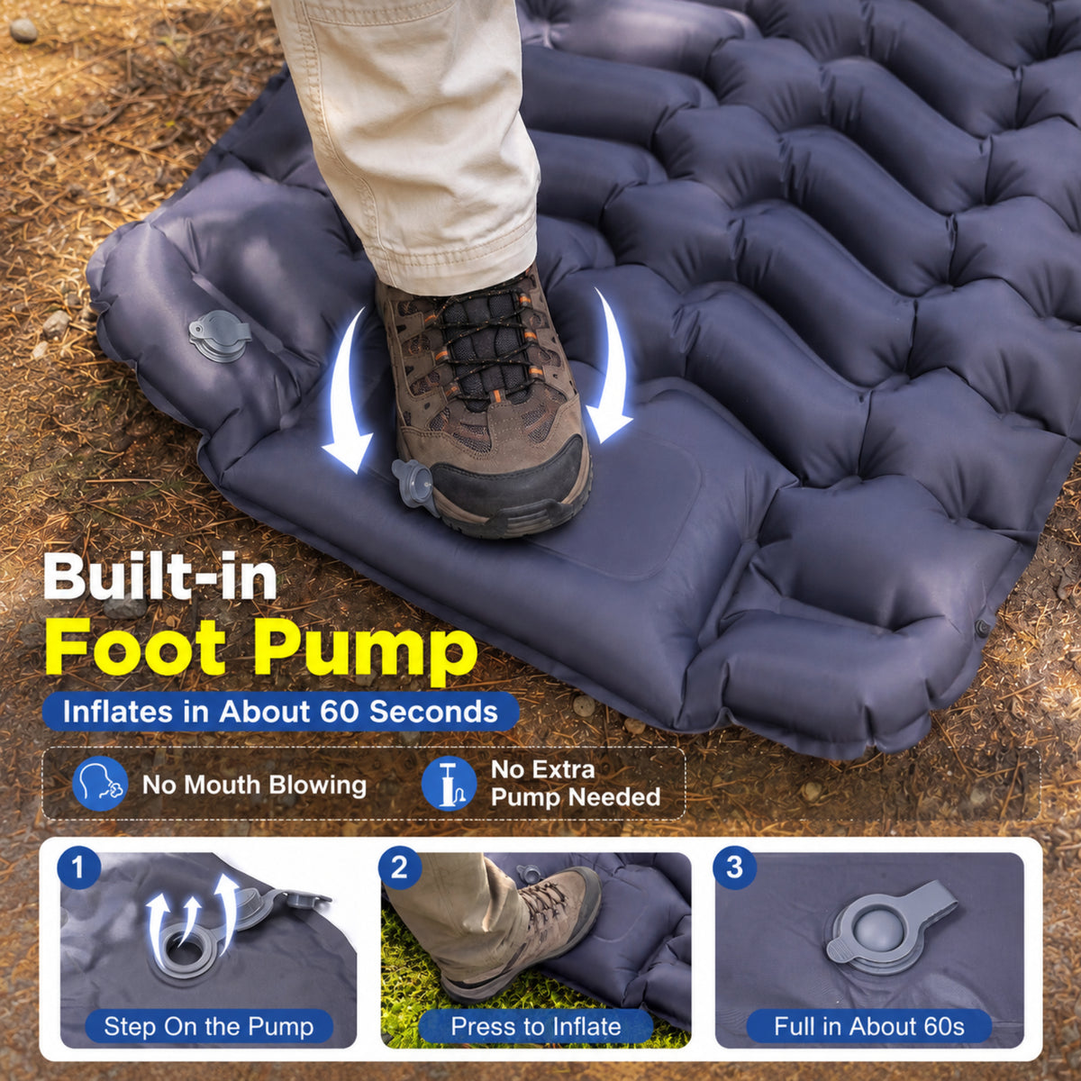 BNISE Sleeping Pad for Camping, 330 lbs Capacity, 27" Extra Wide, Built-in Foot Pump & 5" Pillow, Camping Pad for Hiking, Backpacking & Travel