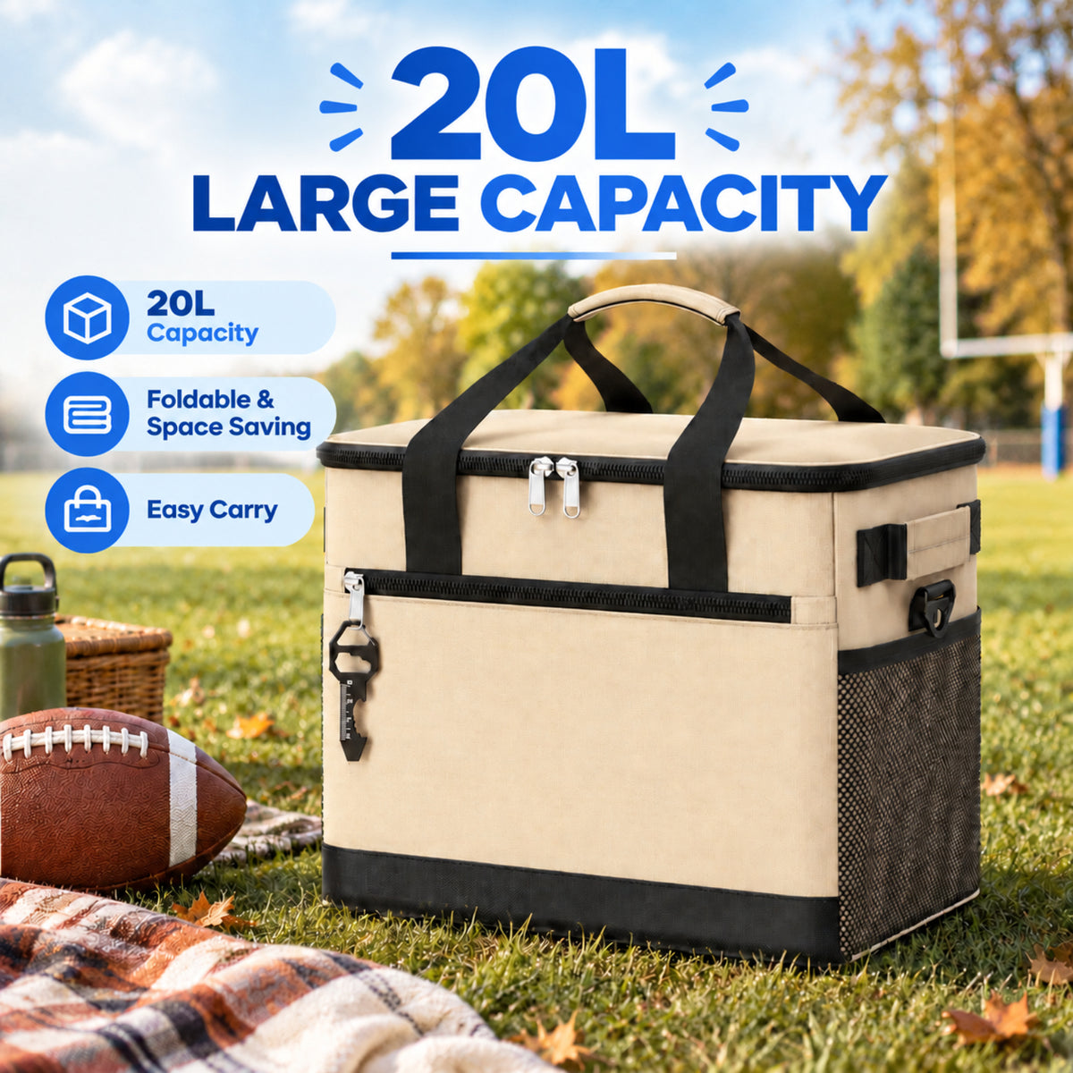BNISE Insulated Cooler Bag, 24 Can/20L Leakproof Soft Sided Cooler with Shoulder Strap, Foldable Waterproof Tote for Camping Hiking Picnic Beach