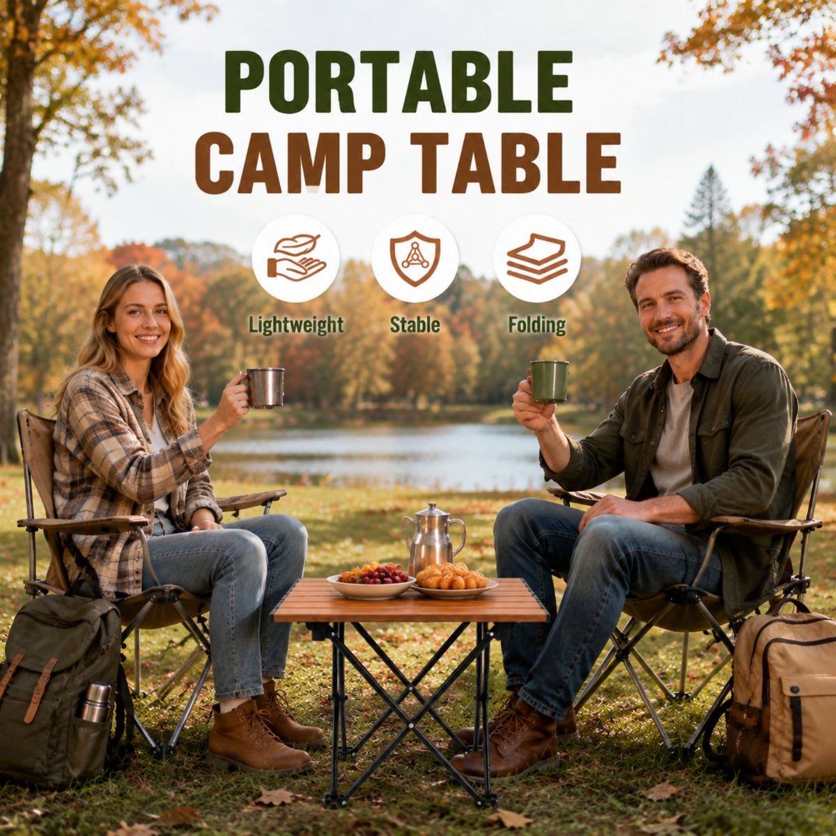 BNISE Folding Camping Table 141 lbs Capacity, Carbon Steel Portable Camp Table with Carry Bag, Lightweight Outdoor for Camping Picnic bbq Beach RV Travel