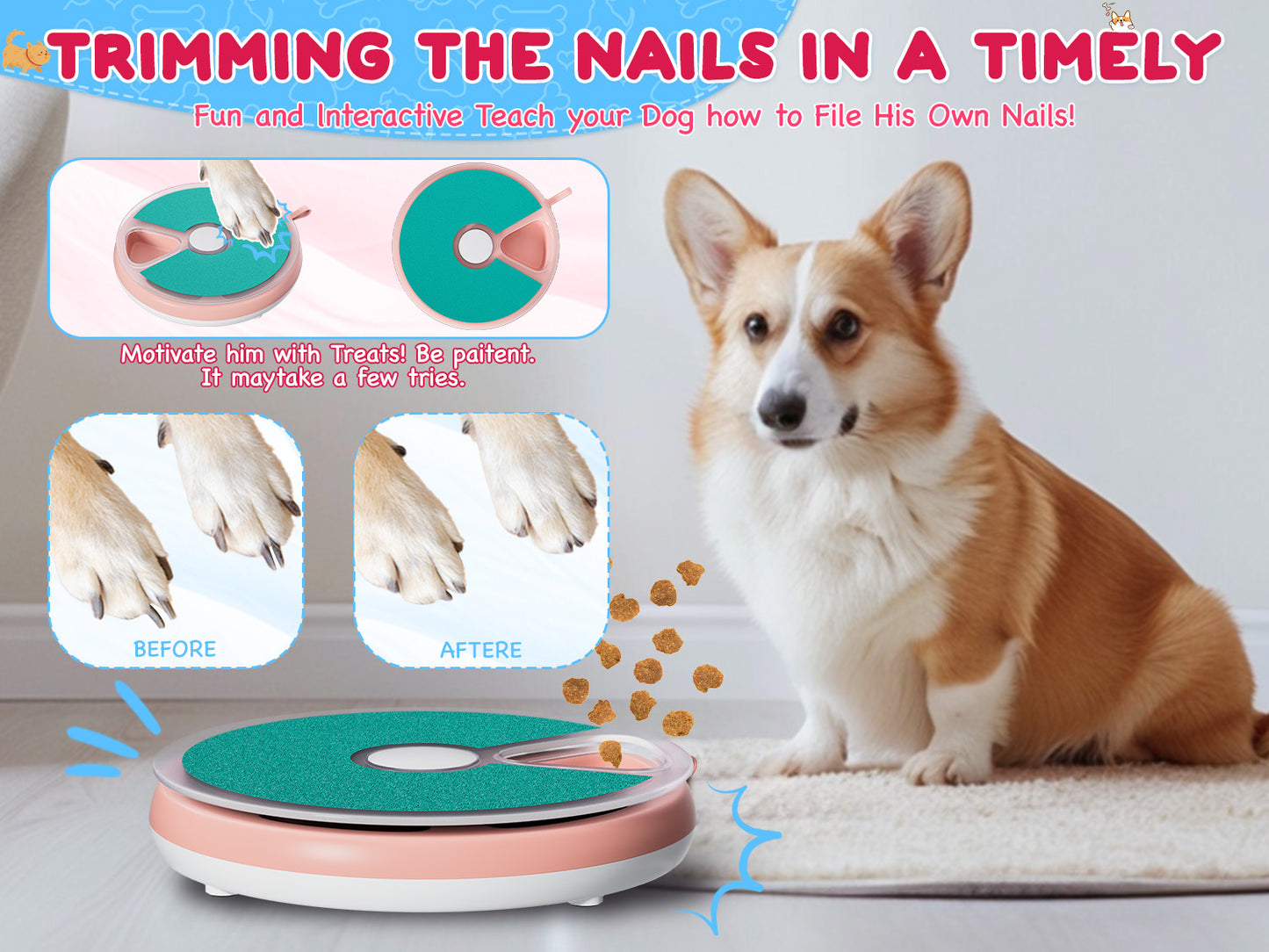 Dog Nail Scratch Pad with Treat Box-Rotatable Portable Dog Scratch Filing Pad for Nails-Pet Nail Scratch Board for Indoor/Outdoor Training Treat Feeder Dispenser-Pink