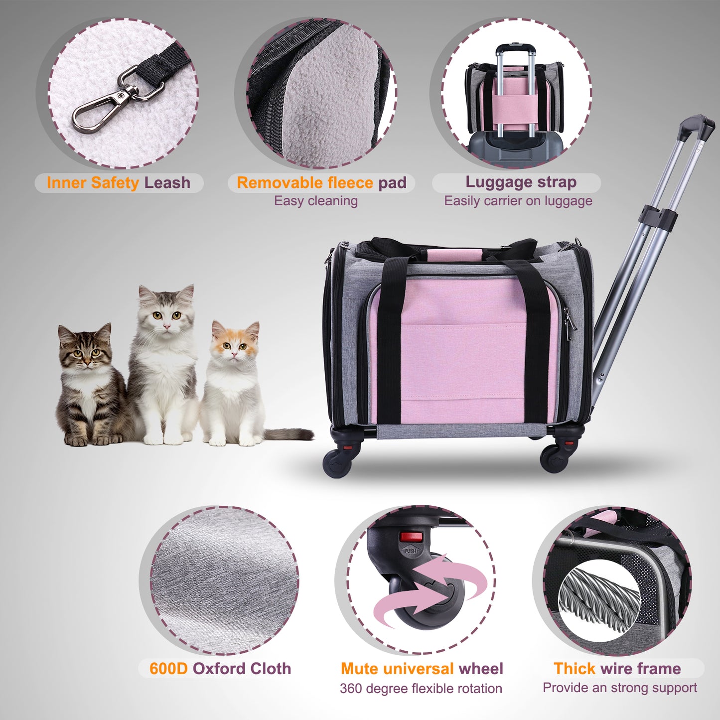 BEBANG Rolling Pet Carrier with Wheels, Foldable Airline Approved Dog Carriers for Small Dogs and Cats, Cat Carrier on Wheels, Pet Travel Carrier for Flight Camping Outdoor