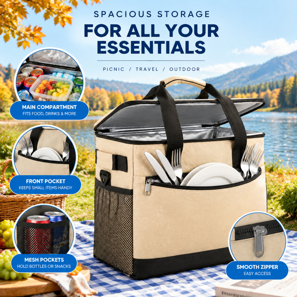 BNISE Insulated Cooler Bag, 24 Can/20L Leakproof Soft Sided Cooler with Shoulder Strap, Foldable Waterproof Tote for Camping Hiking Picnic Beach