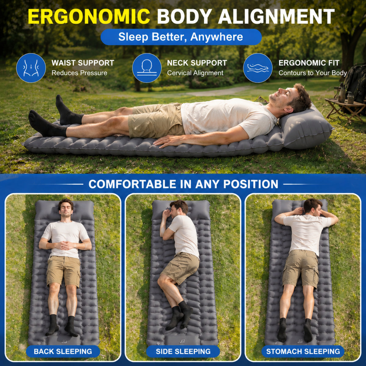 BNISE Sleeping Pad for Camping, 330 lbs Capacity, 27" Extra Wide, Built-in Foot Pump & 5" Pillow, Camping Pad for Hiking, Backpacking & Travel