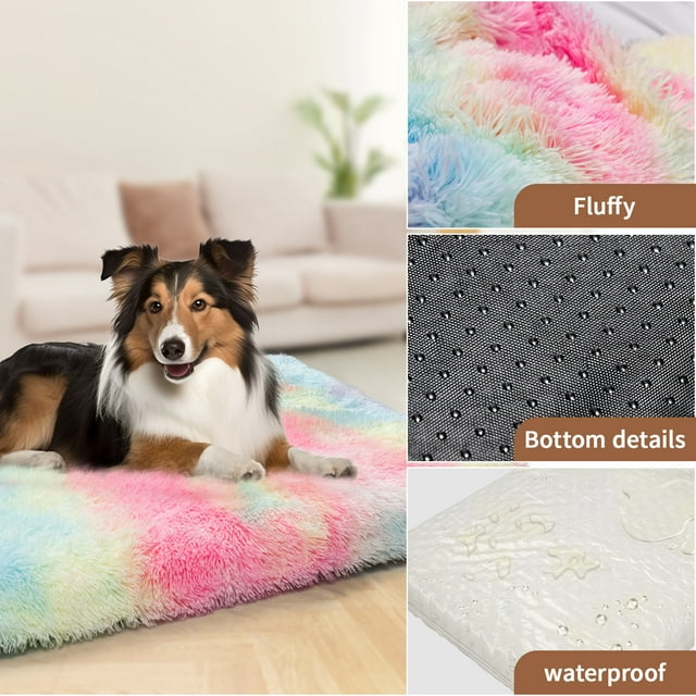 Dog Beds for Medium Large Dogs,Washable Dog Bed Crate Pad,Fluffy Kennel Mat ad Anti-Slip Beds for Dogs Up to 100 lbs,40"x 30" Rainbow