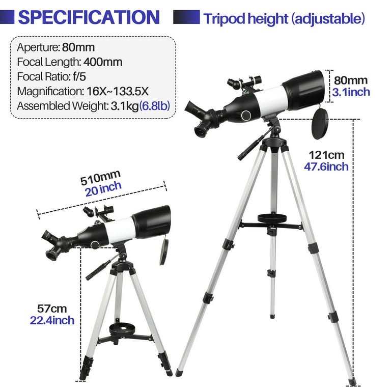 LAKWAR Telescope 80mm Large Aperture for Astronom Beginners, Adults and Kids, 3 Rotatable Eyepieces Refractor Telescope Good Partner to View Moon Landscape and Planet