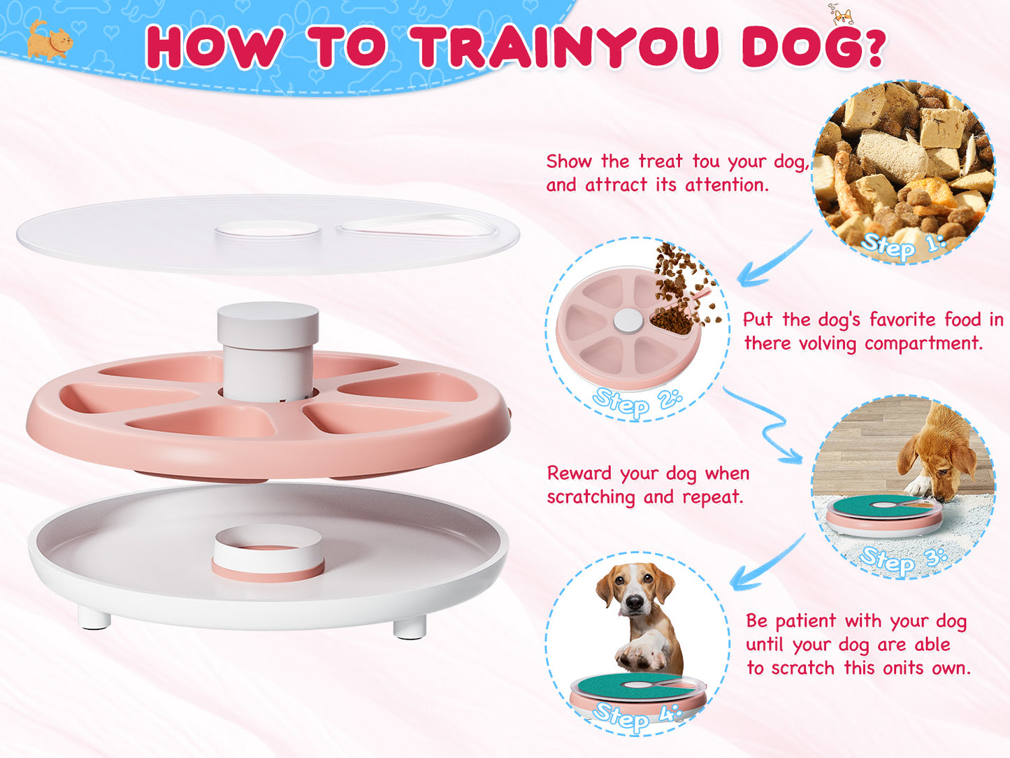 Dog Nail Scratch Pad with Treat Box-Rotatable Portable Dog Scratch Filing Pad for Nails-Pet Nail Scratch Board for Indoor/Outdoor Training Treat Feeder Dispenser-Pink