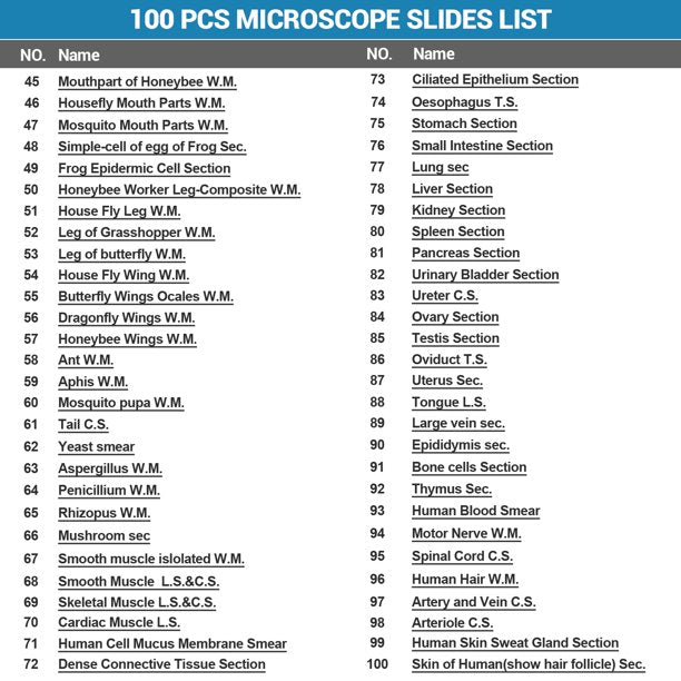 BNISE 100 Microscope Slides with Plant, Insect and Mammalian Specimens for Scientific Research and Observation by Students, Children, Hobbyists