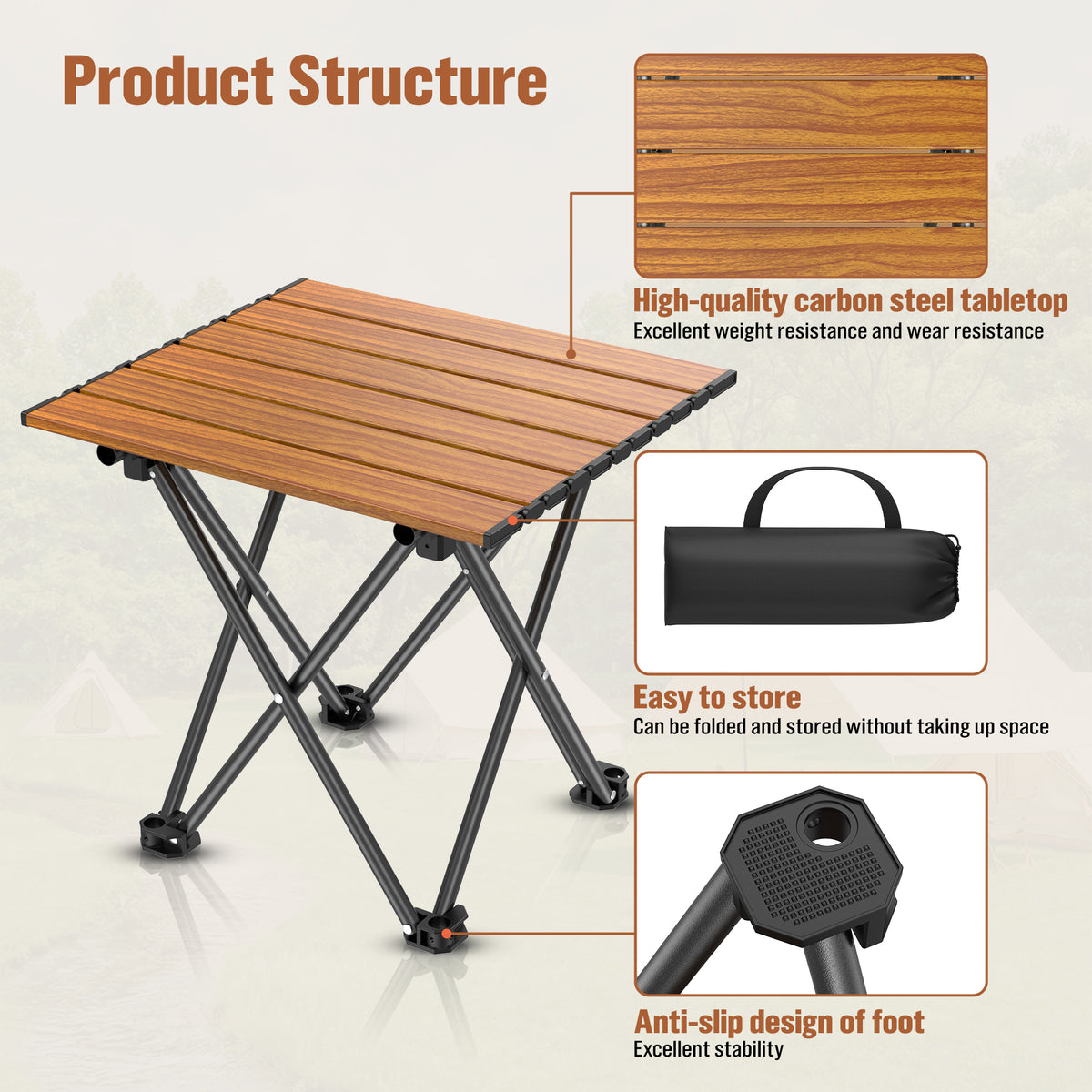 BNISE Folding Camping Table 141 lbs Capacity, Carbon Steel Portable Camp Table with Carry Bag, Lightweight Outdoor for Camping Picnic bbq Beach RV Travel