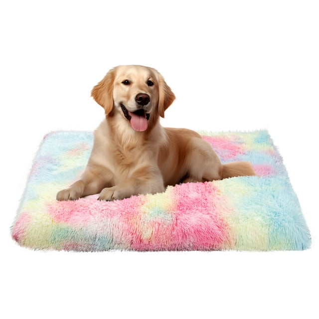 Dog Beds for Medium Large Dogs,Washable Dog Bed Crate Pad,Fluffy Kennel Mat ad Anti-Slip Beds for Dogs Up to 100 lbs,40"x 30" Rainbow