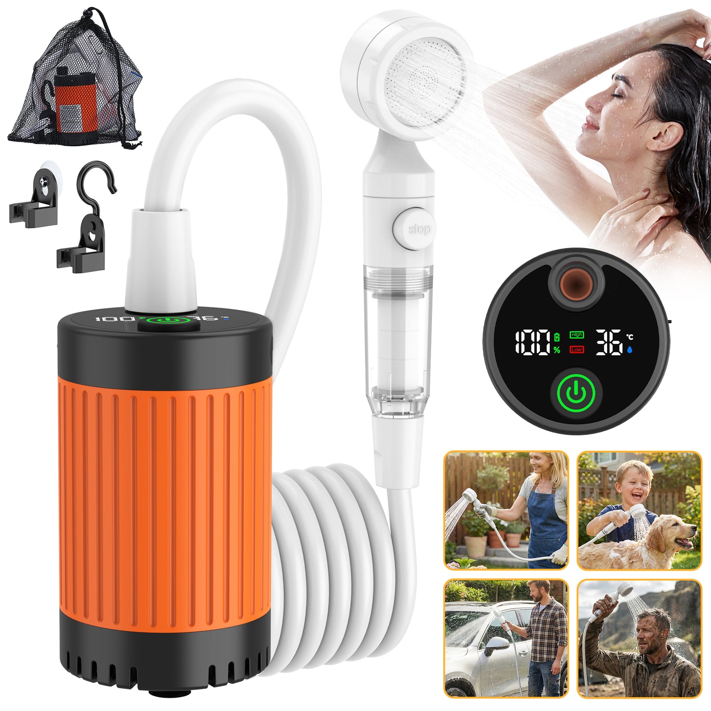 BNISE Portable Camping Shower, 6000mAh Rechargeable Shower Pump with Intelligent LED Display, 3 Spray Modes IPX7 Waterproof for Hiking Travel Pet Car