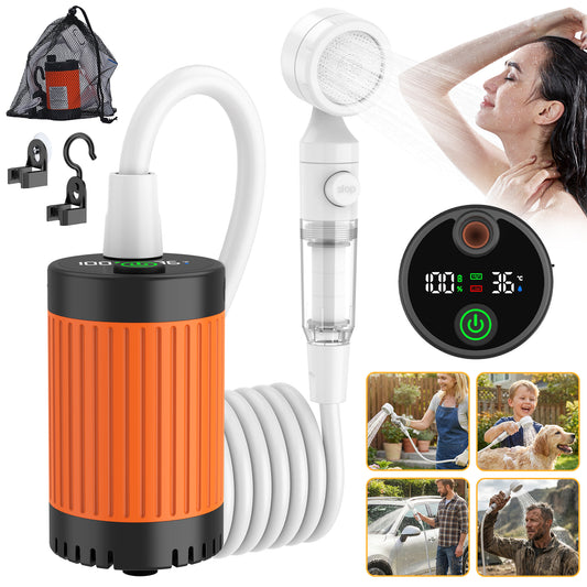 BNISE Portable Camping Shower, 6000mAh Rechargeable Shower Pump with Intelligent LED Display, 3 Spray Modes IPX7 Waterproof for Hiking Travel Pet Car