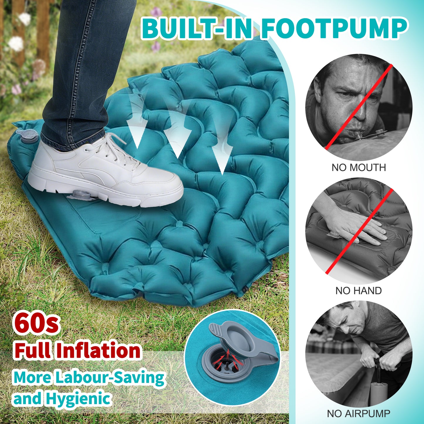 BNISE Camping Sleeping Pad, 6.3" Inflatable Sleeping Mat with Built-in Foot Pump and Pillow, Lightweight Waterproof for Backpacking Travel Hiking
