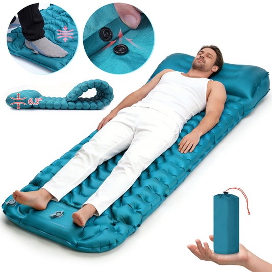 BNISE Camping Sleeping Pad, 6.3" Inflatable Sleeping Mat with Built-in Foot Pump and Pillow, Lightweight Waterproof for Backpacking Travel Hiking