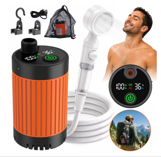 BNISE Portable Camping Shower, 6000mAh Rechargeable Shower Pump with Intelligent LED Display, 3 Spray Modes IPX7 Waterproof for Hiking Travel Pet Car