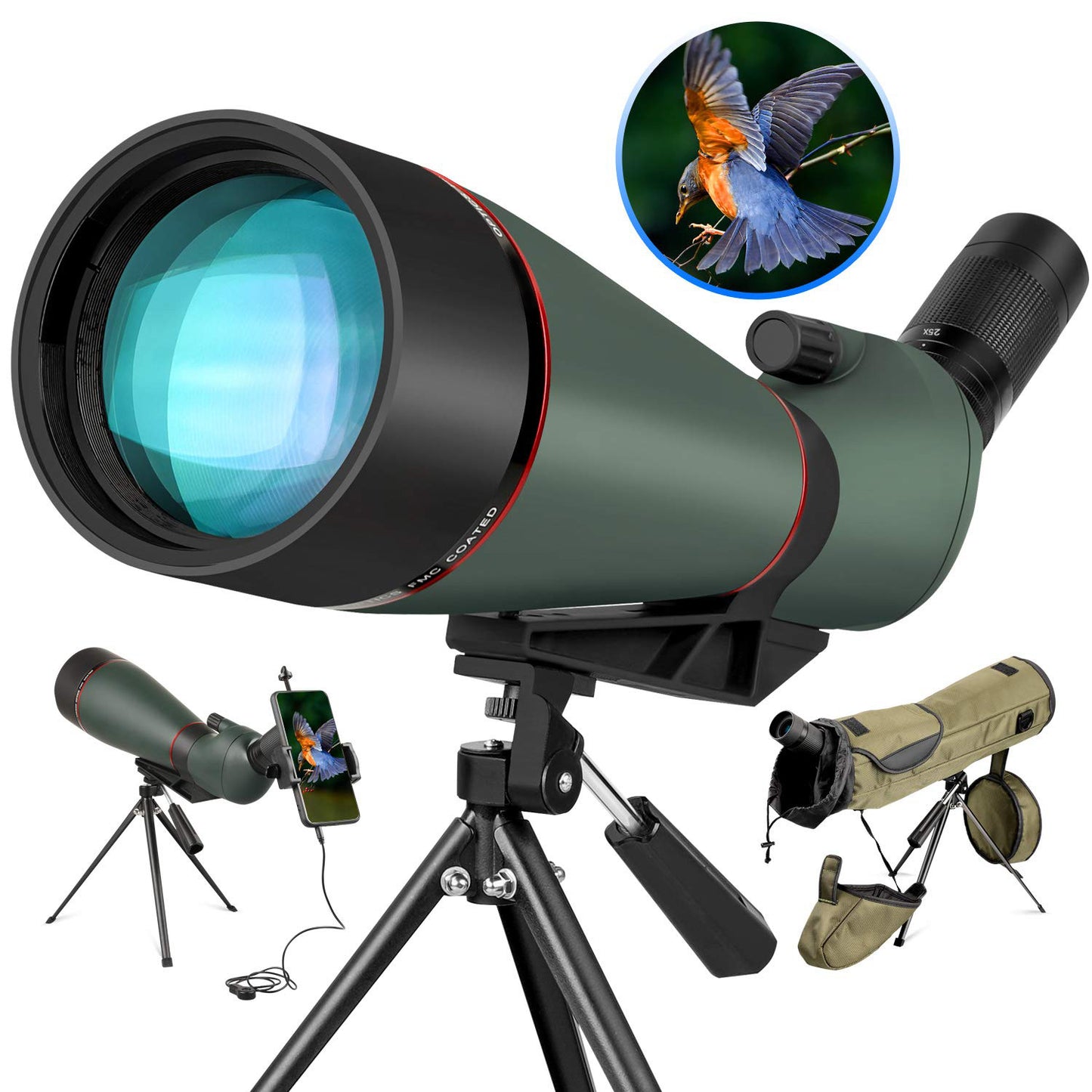 25-75x100 Spotting Scope, with Tripod Carrying Bag Phone Adapter, Waterproof Spotting Scope for Bird Watching,Target Shooting, Hunting