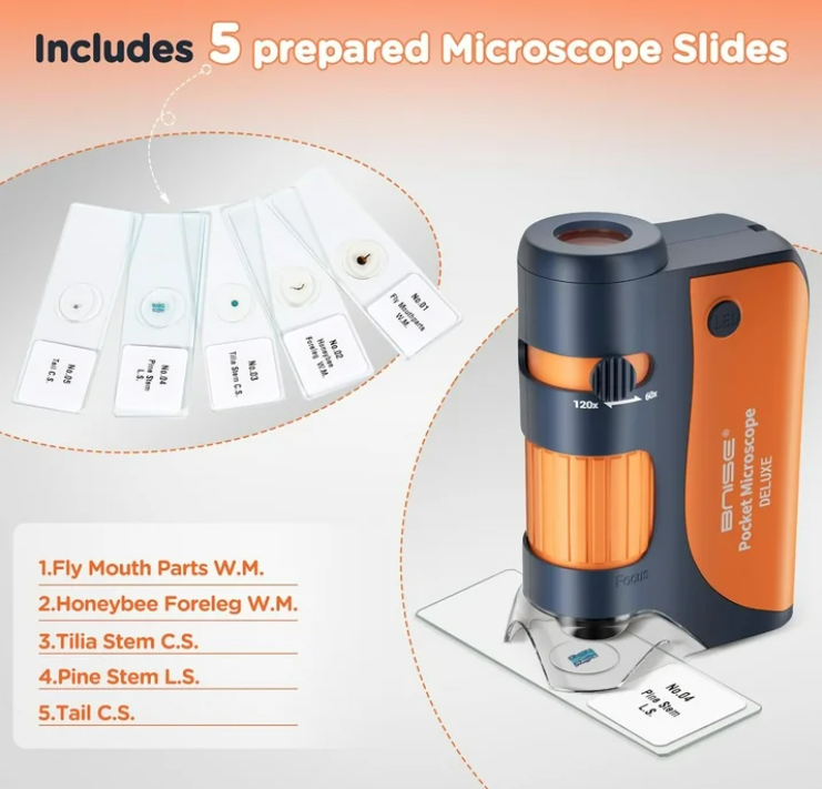 BNISE Kids Microscope LED Lighted Portable Microscope With Case and Slide Set