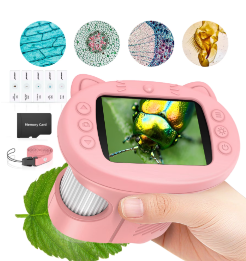 Handheld Microscope for Kids with 2.4" Large Screen, STEM Science Toy Digital Microscope for Boys and Girls Edu Science Kit Gift for Kids-Pink