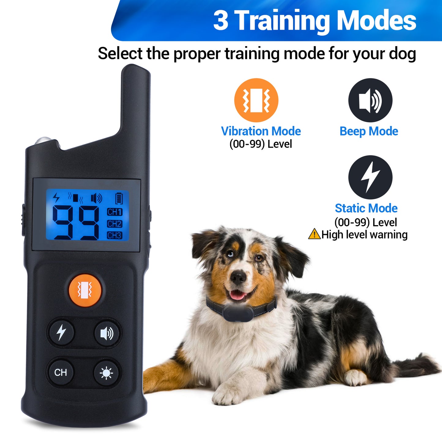 BNISE Dog Training Collar Rechargeable 3 Training Modes， Waterproof , 2600 feet Yard Remote Range Adjustable Shock Levels Dog Training Collar With Remote Correction Collar For Dog Training